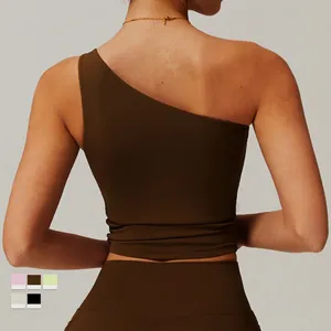 One-shoulder yoga sports bra in dark coffee brown with a backless slim-fit design