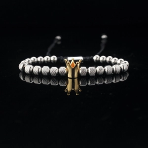 Vintage titanium steel beaded bracelet with golden crown and adjustable black cord