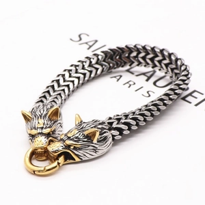 Men's Viking stainless steel bracelet with wolf heads in silver and gold dual tones