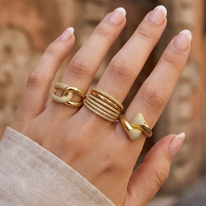 Fashion 18K Gold Plated Copper Zirconia Ring For Women Vintage Multi Layer Geometric Lines Open Adjustable Ring Ins Jewelry