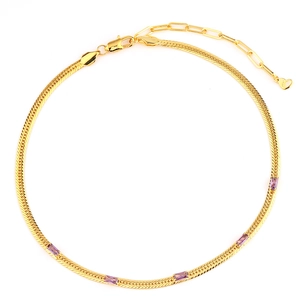 Detail of 18k gold-plated snake chain necklace featuring purple rectangular zircon stones