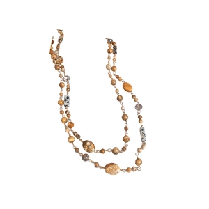 Double-layered beaded necklace with natural brown stones and gold plating chain
