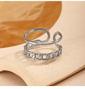 Macro shot of silver double-layered ring with Cuban chain link detail and open band