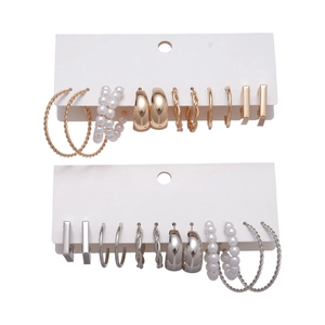 12-pair set of gold and silver geometric twisted hoop earrings with faux pearls