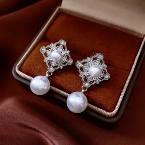 Retro French Rhombus Hollow Zircon Faux Artificial Pearl Drop Earrings With 925 Sterling Silver Earring Post Elegant Wedding Jewelry
