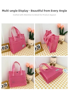 Pink mesh tote bag details showing snap button and swimming bag label from multiple angles
