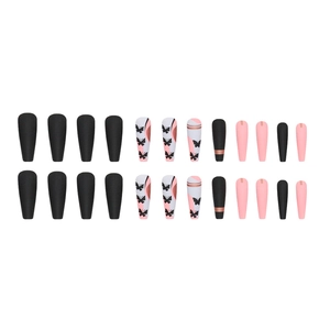 Long coffin press-on nails with matte black and pink colors and butterfly designs