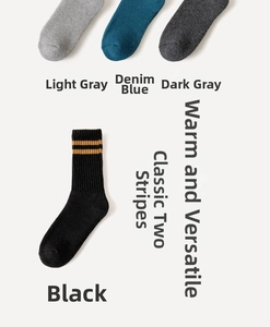Detail of wool crew socks in gray and blue showing thick knit texture and elastic ribbed cuffs