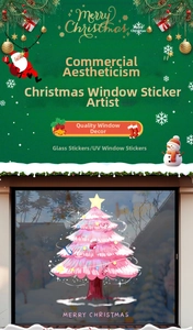 Detail of pink Christmas tree window sticker with festive ornaments and Merry Christmas text
