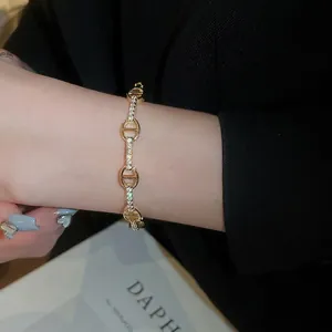Elegant Gold Plated Copper Oval Bangle Bracelet With Micro Pave Zirconia Fashion Anchor Link Design For Women