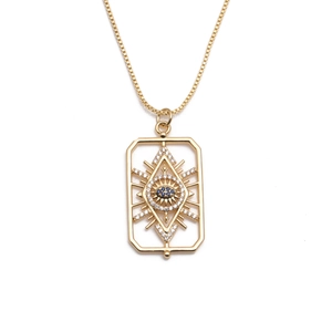 Gold evil eye necklace with blue zircon and hollow geometric pendant for women