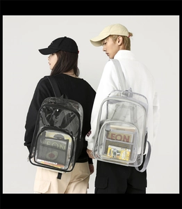 Detail of transparent PVC waterproof backpack showing large capacity and stylish storage