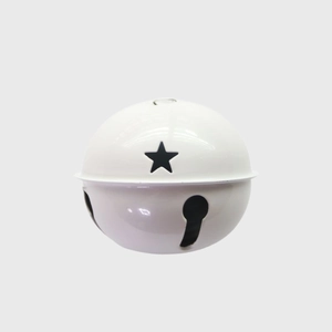 Close-up of a white 8cm metal Christmas star bell with star-shaped cutouts and top loop