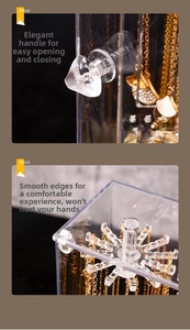 Close-up of clear acrylic jewelry organizer with rotating handle and smooth rounded edges