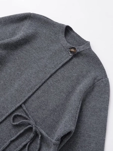 Detailed view of dark grey knit coat featuring a round neck and single brown button closure