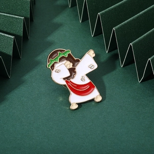 Cartoon Jesus Lamb enamel pin featuring a modern dab dance pose in red and white robes