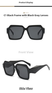Front and side views of black square oversized sunglasses with geometric temples