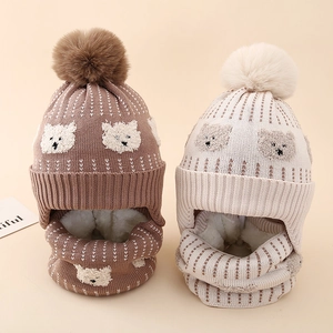 Kids Knit Hat And Neck Warmer Acrylic Bear Pattern Winter Warm Fleece Lined Ear Protection For Boys Girls