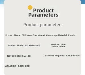 Detailed technical specifications table for the portable children's science microscope