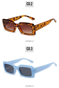 Detailed 45-degree view of rectangle sunglasses in tortoise shell and light blue frames