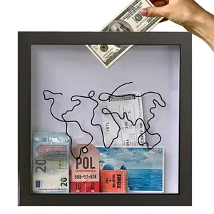 Travel shadow box with world map wire art for tickets and currency storage