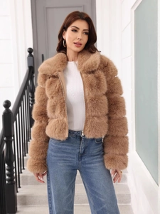 Women Faux Fox Fur Jacket Zip Up Cropped Coat Warm Winter Outerwear Lapel Long Sleeve Paneled Elegant Style