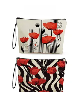 Detailed pattern display of rose floral makeup bags with zipper and wristlet strap