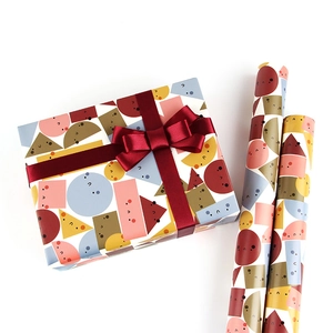 Cartoon geometric pattern gift wrapping paper with red ribbon and cute animal shapes