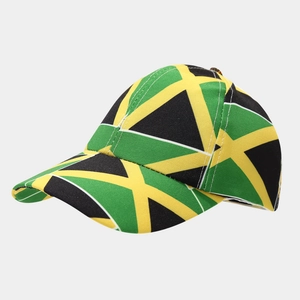 Detailed close-up of kids baseball cap featuring Jamaica flag geometric pattern and stitching