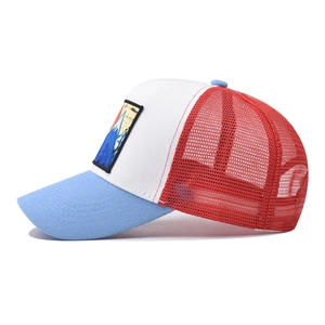 Sky blue and red tricolor trucker hat with mountain landscape patch on white front