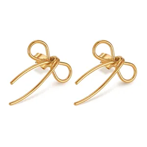 Minimalist Stainless Steel Bowknot Stud Earrings For Women Fashion Electroplated Gold Jewelry For Daily Dating Gift