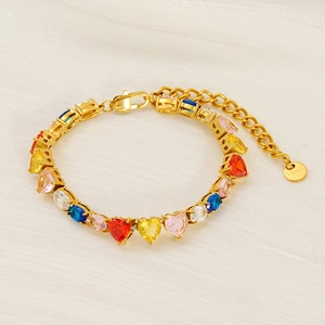 Gold stainless steel tennis bracelet featuring multi-color heart and oval zircon stones