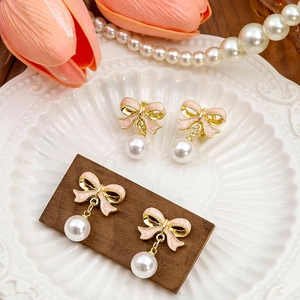 Pink Bow Artificial Pearl Drop Earrings Alloy Enamel With Silver Earring Post Sweet Versatile Jewelry For Women