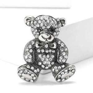 Sparkling silver teddy bear brooch with pavé rhinestones for suits and coats