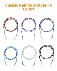 Detailed view of six colorful beaded eyewear chains with metal lobster clasps and loops