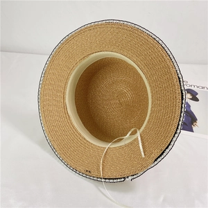 French vintage flat top straw hat with pearl trim for summer beach sun protection