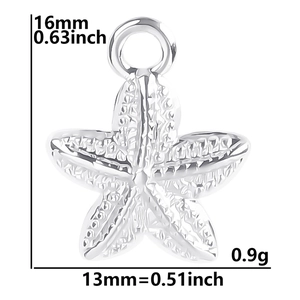 Starfish stainless steel pendant charm in silver with 16mm height and 0.9g weight dimensions