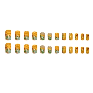 Sweet mid-length corn yellow press-on nails set with unique 24pcs harvest theme design