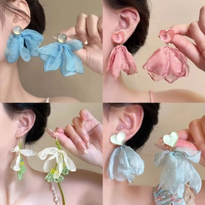 Floral Fabric Earrings With Silver Earring Post Faux Artificial Pearl Chiffon Flower Petal Tassel Sweet Vacation Style For Women