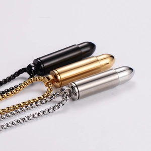 Mens stainless steel bullet pendant necklaces in black, gold, and silver finishes