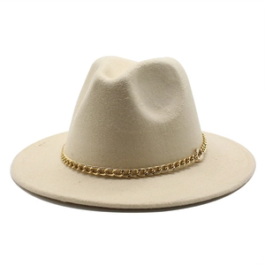 Detail of beige wool fedora hat with gold metal chain trim and wide flat brim