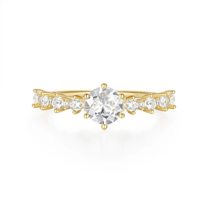 Macro shot of S925 sterling silver gold-plated ring with sparkling zircon stones