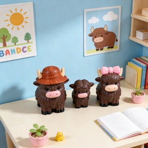 Three-piece Highland Cow figurine set with straw hat and bow for desk decoration