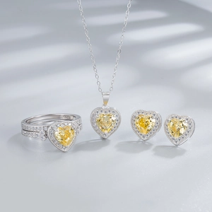 S925 sterling silver jewelry set featuring yellow heart cut carbon diamond stones