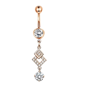 Detailed close-up of rose gold belly button ring with sparkling zircon diamond pendants