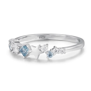 S925 sterling silver star ring featuring square blue zircon and pavé crystals for women