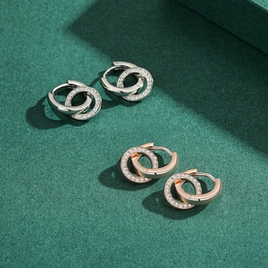 S925 sterling silver interlocking hoop earrings with diamonds in silver and rose gold