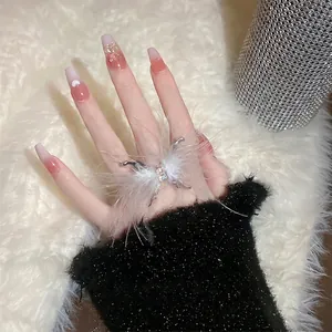 Exquisite white feather butterfly open ring with a rectangular crystal on silver band