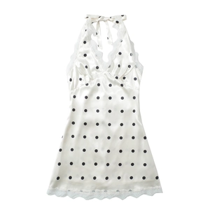 Women Polka Dot Halter Satin Dress Lace Trim V Neck Backless Mini Dress Sexy Summer Vacation Casual Home Wear Nightgown