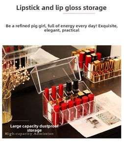 Detail view of transparent 18-compartment acrylic lipstick organizer with dustproof lid